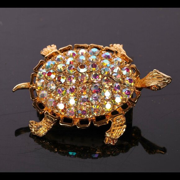 Vintage gold-tone aurora borealis turtle brooch - Picture 1 of 7